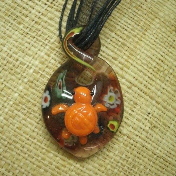 Murano Glass Turtle & Flowers Pendant Necklace - Picture 3 of 16